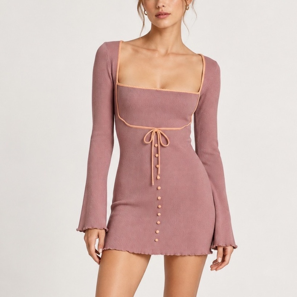 Danielle Guizio Gioia Dress Womens Medium Pink Knit Corset Mini Long Sleeve